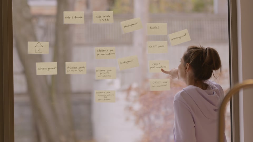 The host looks at the sticky notes on a large window.