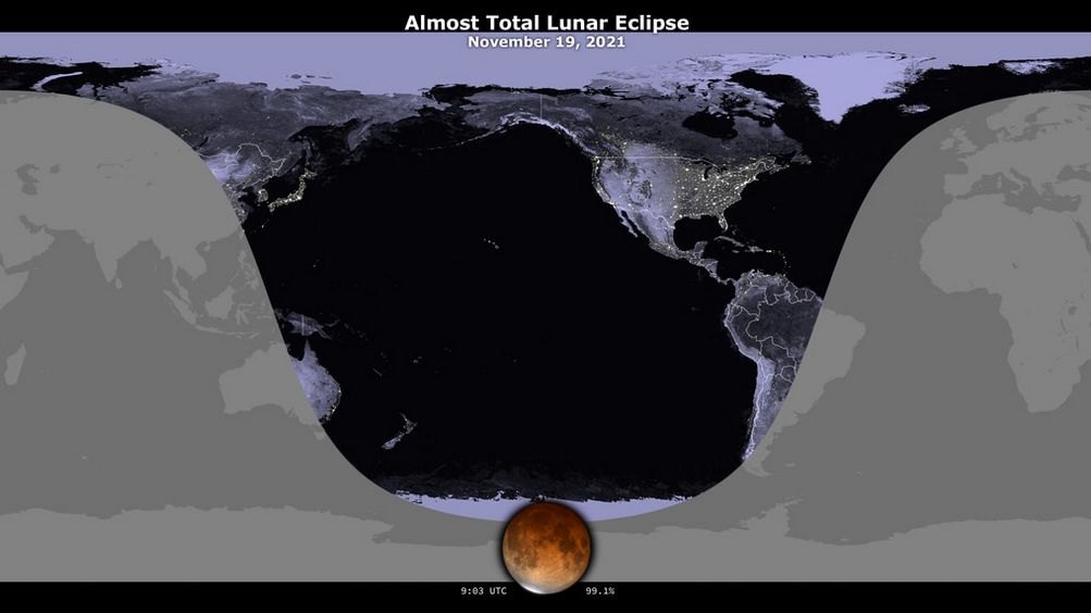 Map of the world showing the places where the eclipse will be visible.