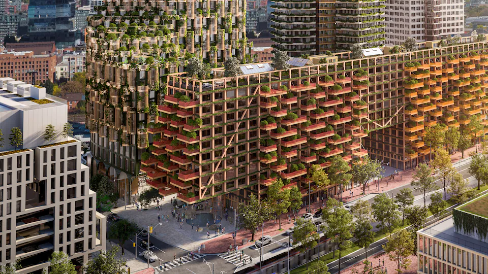 The rendering of a wooden building.  Architect: Adjaye Associates.  Photo courtesy of Waterfront Toronto.