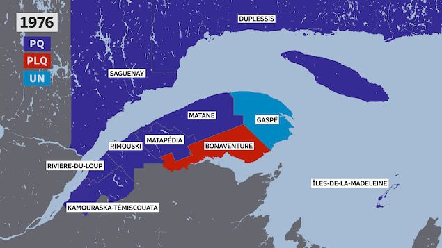 Map of the electoral divisions of Bas-Saint-Laurent, Gaspeze-Liselle, and Côte-Nor.